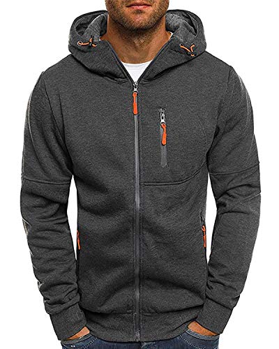 Springcmy Herren Casual Hoodie Reißverschluss Sweatshirt Pullover Jacke Workout Bodybuilding Fleece Cardigan Reißverschlusstaschen (Dark Grey, X-Large) von Springcmy