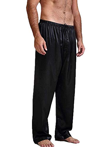 Springcmy Herren Satin Schlafanzughose Lang Klassische Solid Pyjamahose Lounge Hosen (Schwarz, XL) von Springcmy
