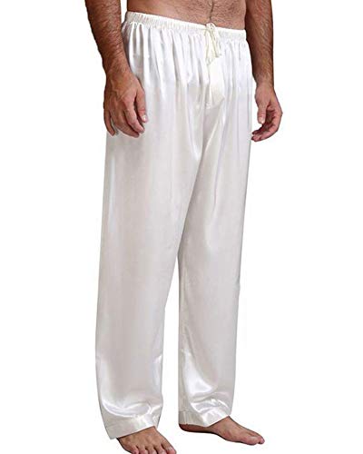 Springcmy Herren-Schlafanzughose aus Seide, Satin, lange klassische Schlafanzughose Gr. M, weiß von Springcmy