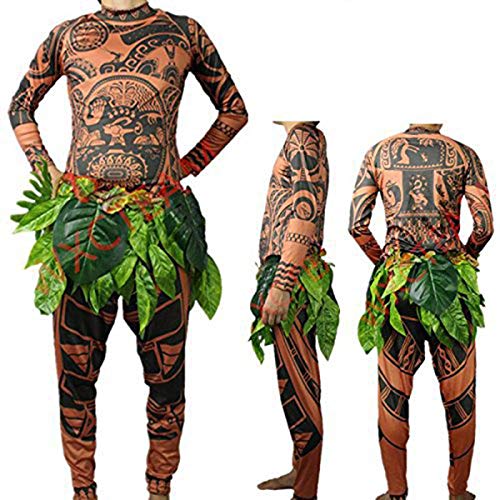 Springcmy Mens/Kids Moana Maui Tattoo T-Shirt / Hose mit Blätterrock, Halloween Erwachsene Cosplay Kostüm Familie Passende Outfits Gr. XL, Mehrfarbig von Springcmy