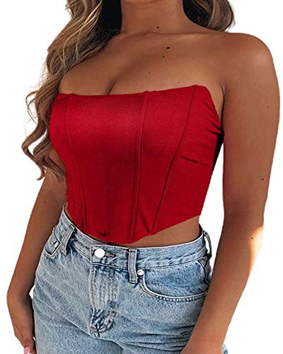 Springcmy Sexy Bustiers für Frauen, einfarbig, schulterfrei, bauchfrei, Tank-Top, Push-Up-Oberteil, trägerlos, Korsett, Bodyshaper Gr. Small, A Rot von Springcmy