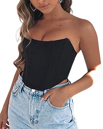 Springcmy Sexy Bustiers für Frauen, einfarbig, schulterfrei, bauchfrei, Tank-Top, Push-Up-Oberteil, trägerlos, Korsett, Bodyshaper Gr. Small, A Schwarz von Springcmy