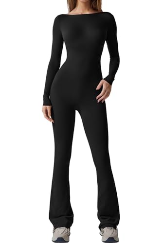 Springcmy Sexy Damen-Jumpsuit mit offenem Rücken, langärmlig, ausgestelltes Unterteil, Bodycon, Yoga, Workout, Jumpsuit, Streetwear, A-schwarz, 36 von Springcmy