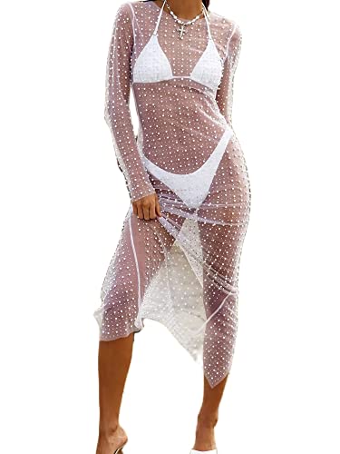 Springcmy Sexy Damen-Umstandskleid, durchsichtig, Netzstoff, durchsichtig, Perlen, Strass, Strandkleid, Bademode, Bikini, Badeanzug, Club-Kleid (A-Weiß 2, A-Weiß 2, XL Springcmy Sexy Damen-Umstandskleid, durchsichtig, Netzstoff, durchsichtig, Perlen, Strass, Strandkleid, Bademode, Bikini, Badeanzug, Club-Kleid (A-Weiß 2, A-Weiß 2, XL von Springcmy