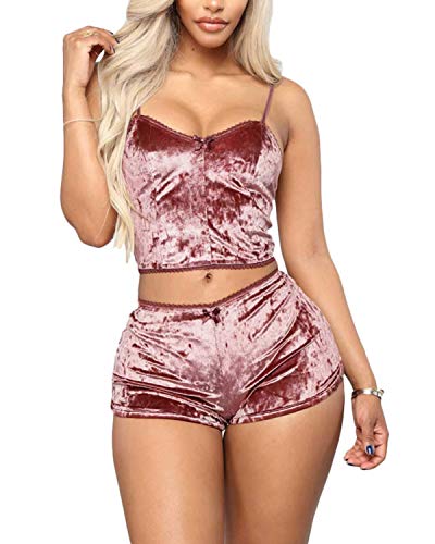 Springcmy Damen Sexy Samt-Pyjama-Set, 2-teilig, Spaghetti-Träger, bauchfreies Top, Camisole und hohe Taille, Shorts, Nachtwäsche, rose, 36 von Springcmy