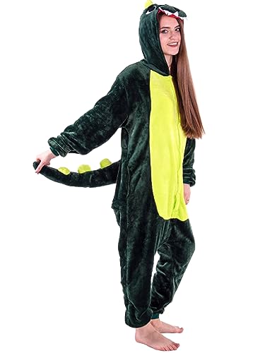 Springcmy Unisex Erwachsene Cartoon Tier Kostüm Hoodie Halloween Weihnachten Nachtwäsche Overall Onesies Plüsch Cosplay Pyjama, A-grüner Drache, 36 von Springcmy