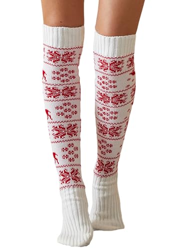 Springcmy Wintersocken für Damen und Mädchen, Zopfmuster, Oberschenkelhoch, lange Stiefel, Strümpfe, Beinwärmer, C1-XMAS Weiß, One size von Springcmy