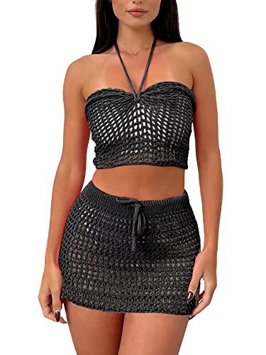 Springcmy Y2K Damen Ärmelloses Kint Häkel-Minirock-Set Hollow Out Geripptes Schlauchoberteil Bodycon Minirock Ästhetisches Kleid Strand-Outfit, C-schwarz, 38 Springcmy Y2K Damen Ärmelloses Kint Häkel-Minirock-Set Hollow Out Geripptes Schlauchoberteil Bodycon Minirock Ästhetisches Kleid Strand-Outfit, C-schwarz, 38 von Springcmy