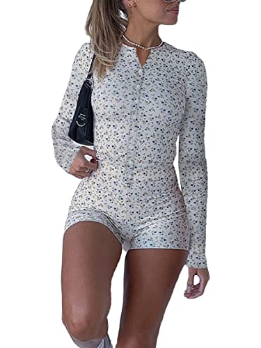 Springcmy Damen Y2K Kurzarm Bodysuit Sommer Blumendruck Knopf V-Ausschnitt Shorts Strampler Jumpsuit Clubwear Overral Streetwear Shorts, C-Blau, 38 von Springcmy