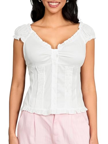 Springcmy Y2k Damen Hemd Knopfleiste Tiefer V-Ausschnitt Rüschen Kurzarm Slim Fit Bluse Sommer Crop Top T-Shirt, Ein Ingwer, Medium von Springcmy