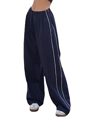 Y2K Damen Parachute Y2K Low Waist Baggy Cargohose Gerade Passform Weites Bein Hose Streetwear Hose Jogger Sweatpants, A-Marineblau, L von Springcmy