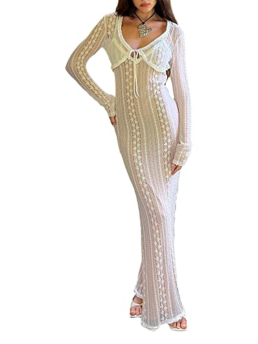 Y2K Damen Sexy Spaghettiträger Layered Maxikleid Low Cut Rüschenkleid Langes Kleid Spitze Mesh Maxi Abend Party Kleid, D-weiß, L von Springcmy