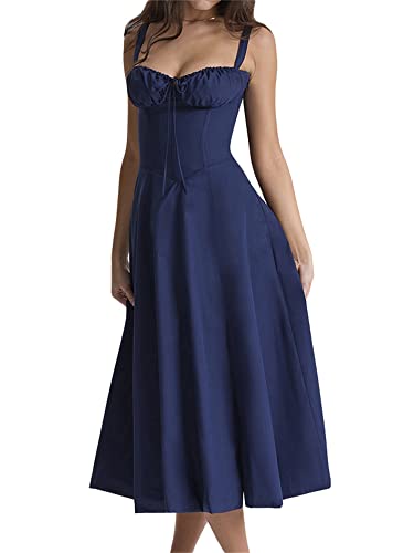 Frauen Y2k Square Neck Low Cut Ärmellos Bustier Lange Maxi Rüschen Kleid Cottagecore Spaghettiträger Sommerkleid Strandkleid, B-Marineblau, Small von Springcmy