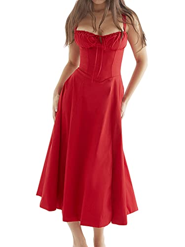 Frauen Y2k Square Neck Low Cut Ärmellos Bustier Lange Maxi Rüschen Kleid Cottagecore Spaghettiträger Sommerkleid Strandkleid, B-Rot, L von Springcmy