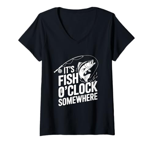 Damen It's Fish O'Clock Somewhere Lustiger Angel Humor Angler T-Shirt mit V-Ausschnitt Damen It's Fish O'Clock Somewhere Lustiger Angel Humor Angler T-Shirt mit V-Ausschnitt von Springender Fisch Angel Wasser Outdoor Spaß Angeln