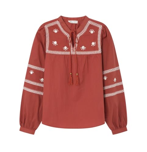 SPRINGFIELD Damen BlusaBordadaDeMangaLargaConEspejosYCordonesDeAlgodónEnElEscote Bluse mit Spiegelstickerei, Brauner Zucker, Braun, 38 von Springfield