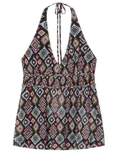 SPRINGFIELD Damen Boho Halter Printed Top Bedrucktes T-Shirt, Schwarz, Large von Springfield