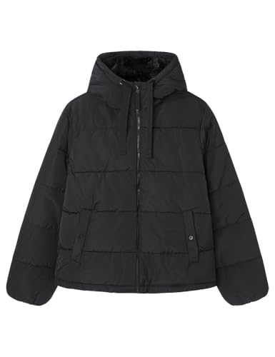 SPRINGFIELD Damen Chaquetabásicaacolchadaconrellenoreciclado,bolsillosdeojalconbotonesapresiónycapuchaconpelointerior Jeansjacke aus Baumwolle, Standardschwarz 5B, L von Springfield