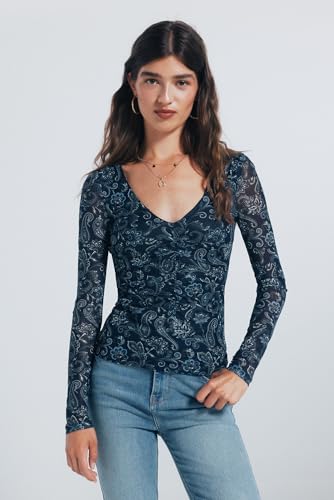 SPRINGFIELD Damen Long Sleeve Tulle Top with V Neck and Soft Gathering Langarmshirt, blau, Medium von Springfield