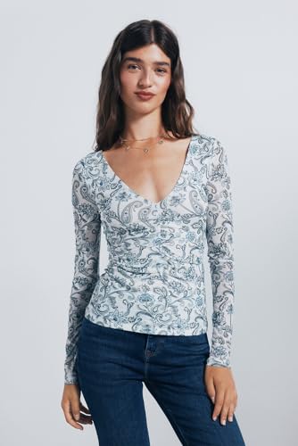 SPRINGFIELD Damen Long Sleeve Tulle Top with V Neck and Soft Gathering Langarmshirt, weiß, Small von Springfield