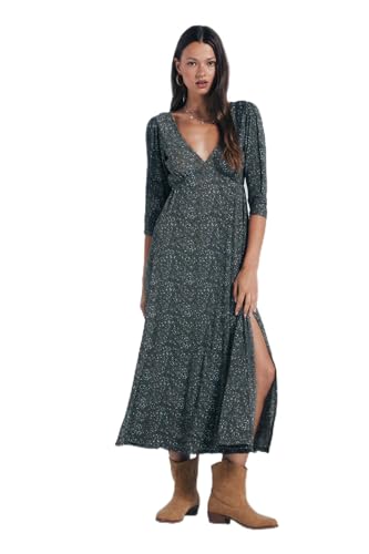 SPRINGFIELD Damen Midi Pleated Dress with V Neck and Cape Skirt Fitted On Top Kleid mit V-Ausschnitt, kaki, X-Large von Springfield