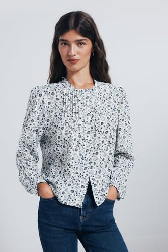 SPRINGFIELD Damen Printed Blouse with Ruffles and Pintucks at Collar Bluse mit Rüschen, blau, 32 von Springfield