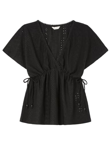 SPRINGFIELD Damen Swiss Embroidered V Neck Top T-Shirt mit V-Ausschnitt, Schwarz, Large von Springfield