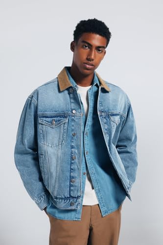 SPRINGFIELD Herren Oversize Denim Trucker with Corduroy Collar. 100% Bci Cotton Jeansjacke, Türkis, Large von Springfield
