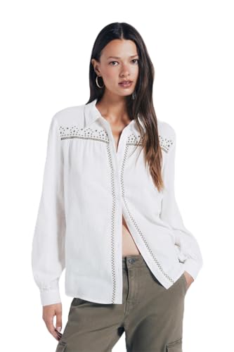 Springfield Damen Long Sleeve Blouse with Emroidered Yoke Langarmbluse, Kaki, 42 von Springfield