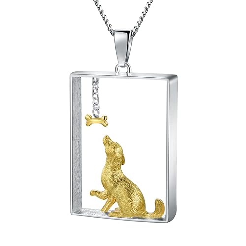 Springlight ✦ Geschenke für Frauen S925 Sterling Silber Halskette Dackel Hund und Knochen Rechteckig Geformt Anhänger mit Halskette Kettenlänge 43CM Schmuck Geburtstagsgeschenk für Frauen. von Springlight