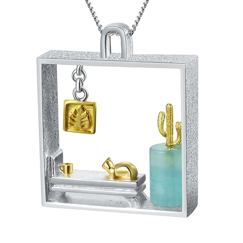 Springlight ✦Geschenke für Frauen S925 Sterling Silber Halskette Faule Katze zu Hause Anhänger mit Halskette Kettenlänge 43CM Naturstein Handgemachter Schmuck Geburtstagsgeschenk für Frauen.(Style1) von Springlight