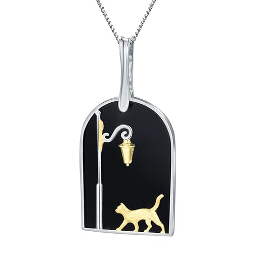 Springlight ✦ Geschenke für Frauen S925 Sterling Silber Halskette Natürlicher Schwarzer Achat Süße Katze unter der Straßenlaterne Anhänger mit Halskette Schmuck Geburtstagsgeschenk für Frauen. von Springlight