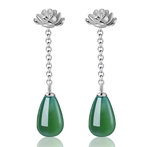 ✦ Geschenke für Frauen ✦Springlight S925 Sterling Silber Natürlicher Achat Lotus Wassertropfen Grüne Ohrringe Silber 925 Hängend Orientalischer Schmuck Damen Personalisierte Geschenke.(Silber) von Springlight