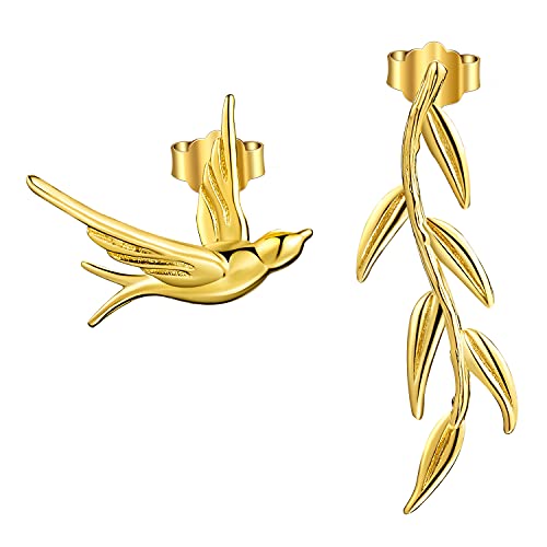 Springlight Ohrringe S925 Sterling Silber Ohrstecker Swallow Willow Branch Design Asymmetrische Ohrringe Geschenke für Frauen, Handgemachte Feine Schmuck Ohrringe für Damen.(Gold) von Springlight