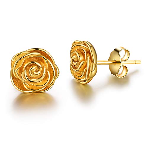 Springlight Rose Blume Ohrstecker S925 Sterling Silber Rose Flower Ohrring Geschenke für Frauen Personalisierte Geschenke.(Yellow gold) von Springlight
