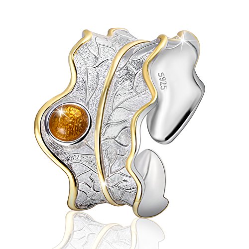 Springlight ✦ Valentinstag Ringe Frauen S925 Sterling Silber Breit Ring Damen Blätter Ring Grüner Stein/Bernstein Groß Naturstein Ring Personalisierter Schmuck Geschenke für Frauen.（Yellow） von Springlight