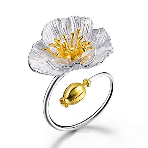 Springlight S925 Sterling Silber Ring Blühende Mohnblume Ringe Natürlicher Handgemachter Einzigartiger Schmuck für Frauen und Mädchen von Springlight