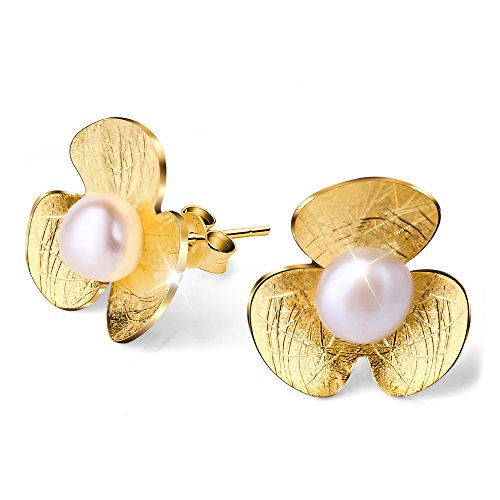 ✦ Geschenke für Frauen ✦Springlight Ohrringe Silber 925 Frische Kleeblatt Blume Ohrstecker mit Süßwasserperle Ohrringe Handmade: Ohrringe Schmuck Damen Personalisierte Geschenke.(Gold) von Springlight