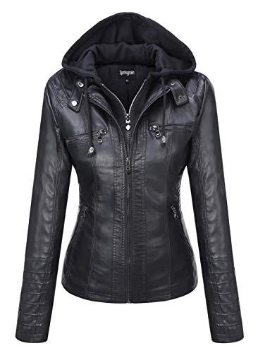 Springrain Damen Casual Stehkragen Abnehmbare Kapuze PU Leder Jacke, Schwarz, L von Springrain