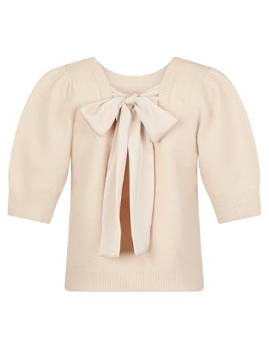 Springrain Damen-Pullover mit Schleife, lässig, Puffärmel, Rundhalsausschnitt, Raffhalter, Strickpullover, Beige, Mittel von Springrain