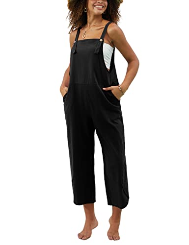 Springrain Damen Sommer Lätzchen Overall Baumwolle Leinen Cropped Tulpe Saum Casual Jumpsuit Strampler, Schwarz, Medium von Springrain