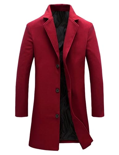 Springrain Herren Wollmischung Erbsenmantel Einreihiger Mantel Warm Winter Trenchcoat, Rot/Ausflug, einfarbig (Getaway Solids), S von Springrain