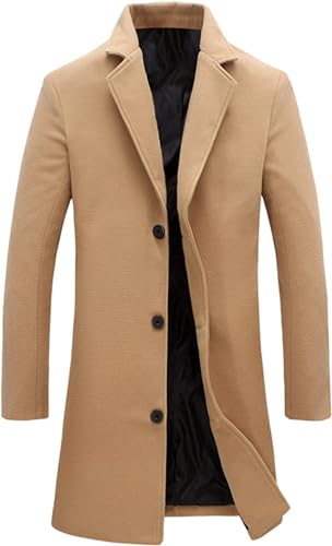 Springrain Herren Wollmischung Erbsenmantel gekerbter Kragen Einreiher Mantel Warm Winter Trenchcoat, Khaki, M von Springrain