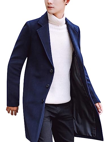 Springrain Herren Wollmischung Erbsenmantel gekerbter Kragen Einreiher Mantel Warm Winter Trenchcoat, Marineblau, M von Springrain