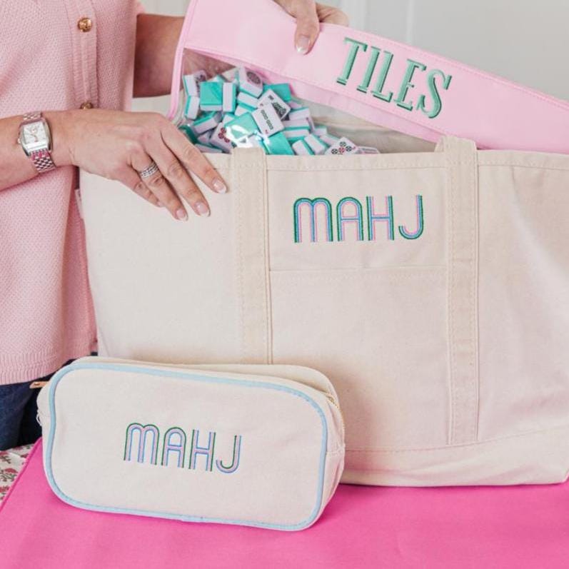 Bestickter Leinenbeutel | Groß & Extragroß/Bestickter Mahjong Tile Pouch Spiel Bag Geschenk Zipper Stylish von SprinkledWithPink