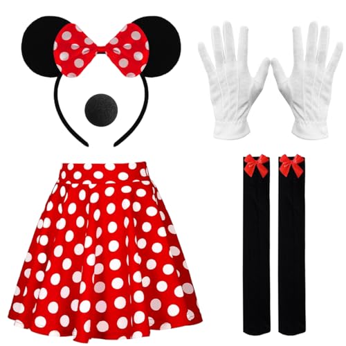 Sprinlot Damen Mouse Kostüm, Rote Rock mit weiß Gepunktet, L-Größe Tutu mit Maus Ohren Haarreifen Nase Handschuhe, Rote Schleife Overknee Strümpfe für Fasching Karneval Halloween Motto Party Kinder C2 von Sprinlot