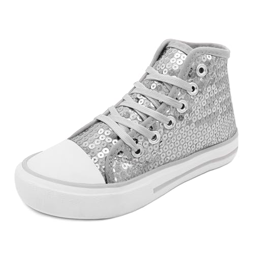Sprint Sport Pailletten Schuhe Kinder Glitzer Sneaker auch als Wendepailletten wählbar Halbhoch Kinderschnürer Disco (Silber-Kinder, EU Schuhgrößensystem, Kleinkind, Numerisch, M, 33) von Sprint Sport