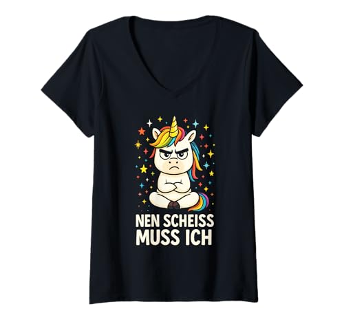 Damen Nen Scheiss Muss Ich - Lustiges Einhorn Frechem T-Shirt mit V-Ausschnitt Damen Nen Scheiss Muss Ich - Lustiges Einhorn Frechem T-Shirt mit V-Ausschnitt von Spruch Humor Sarkasmus Mürrischem Lustigem Frecher