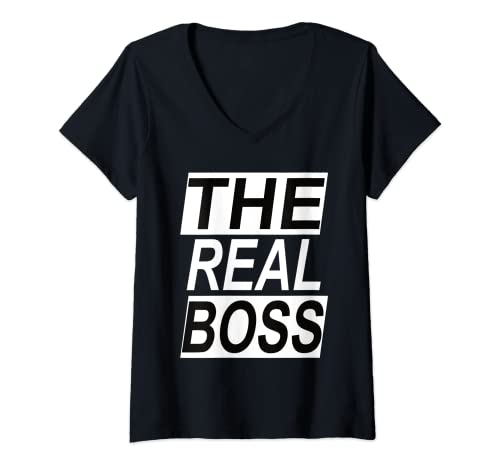 Damen The real Boss Partnershirt Vater Kind Pärchen Paar T-Shirt mit V-Ausschnitt von Spruch lustige Sprüche Partnerlook Gift