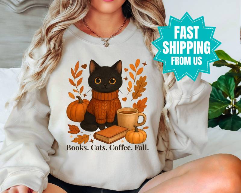 Cozy Fall Sweatshirt With Black Cat - Bookish Autumn Sweater Mom Gift Shirt Leaves Vibes Bookworm von SpruchLiebe